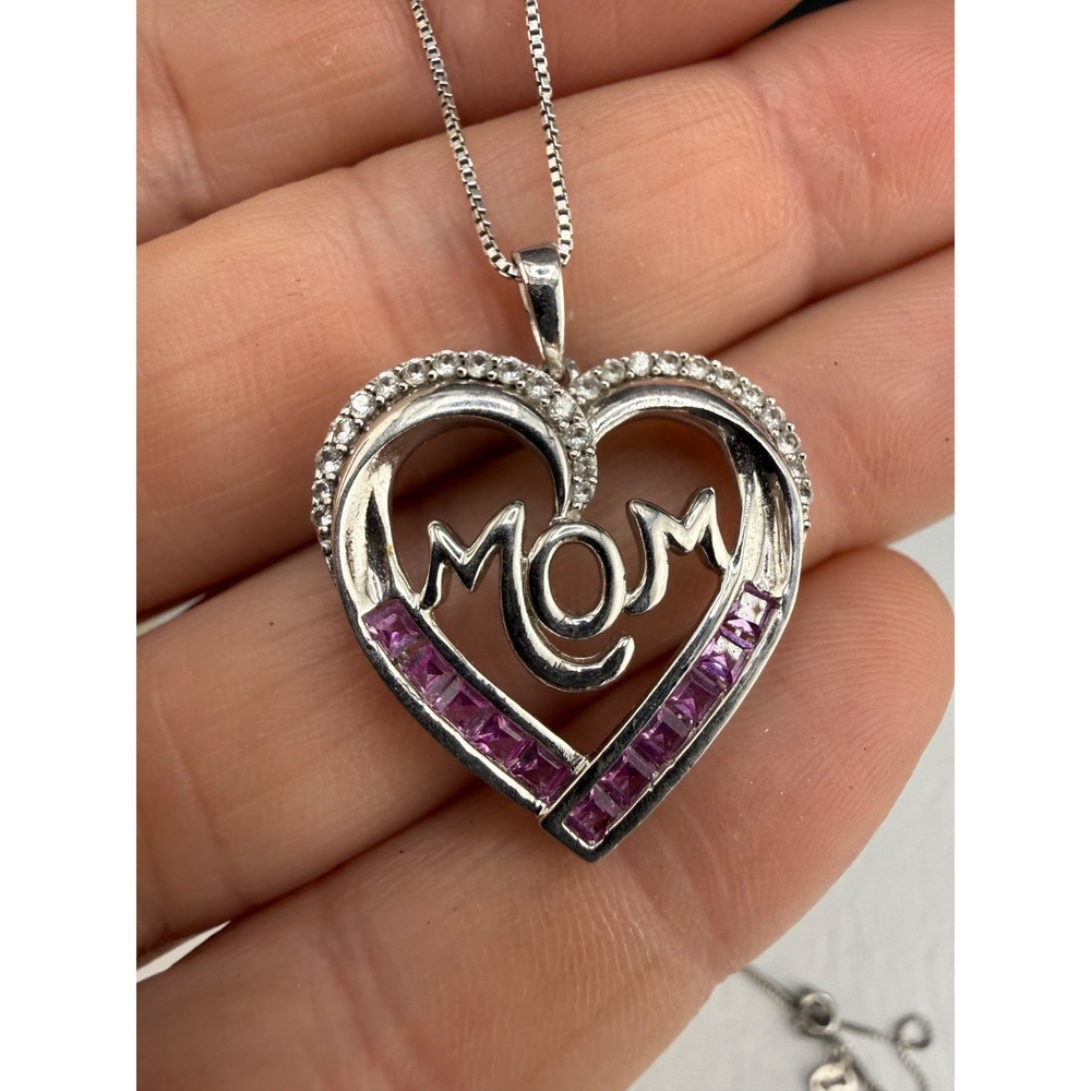 Sterling Silver Necklace Rhinestone MOM Heart Box Chain Signed SUN 18”